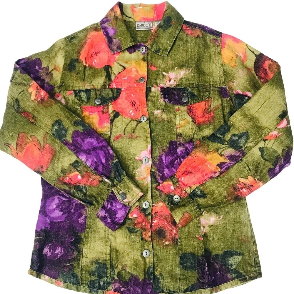 Chico's Linen Green Floral Button up Blouse